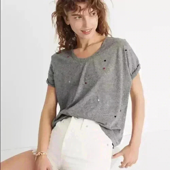 Madewell | Gray U-neck Embroidered T-shirt - Picture 1 of 8